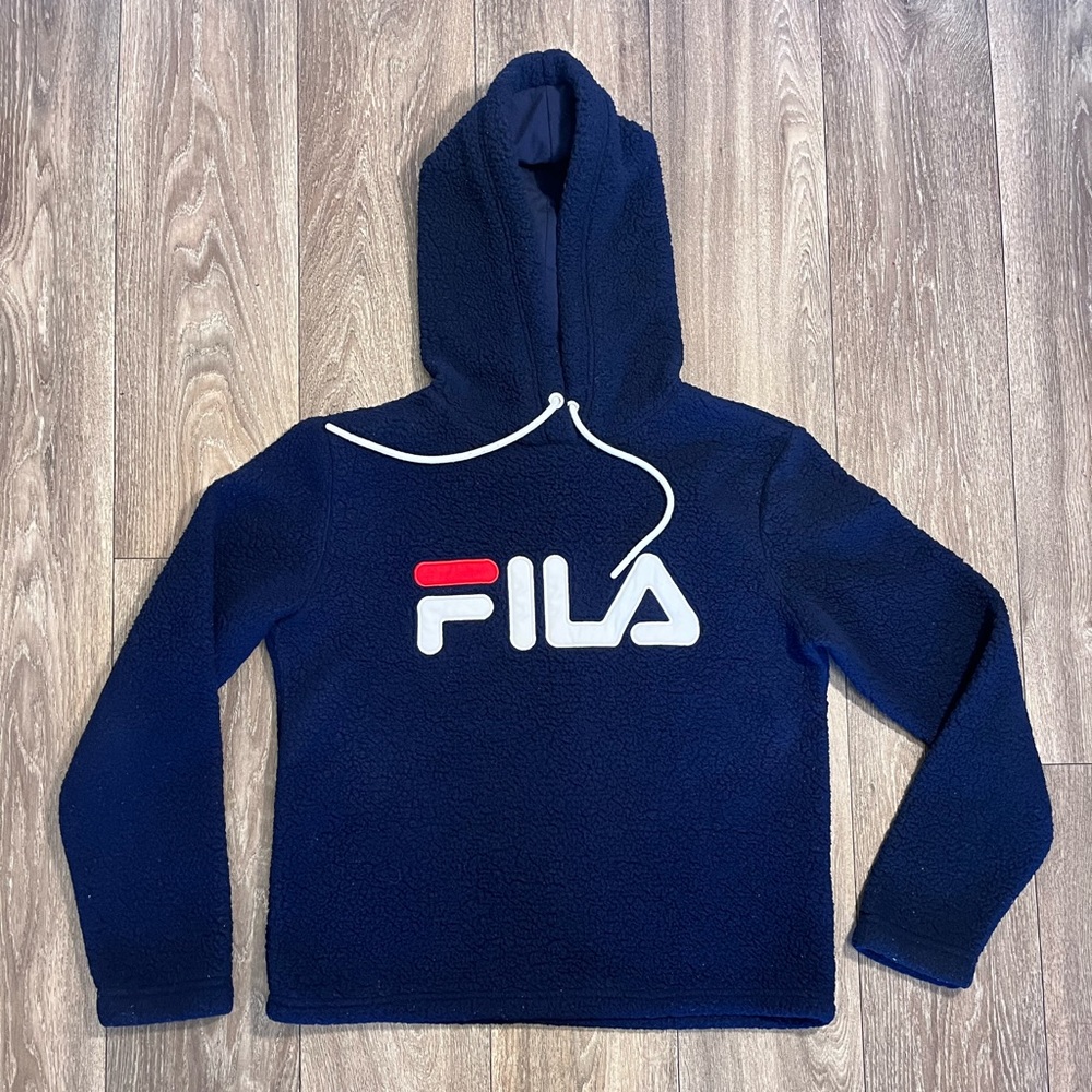 FILA Fleece Sherpa Caroline Hoodie Pullover Sweater Blue Big Logo Navy